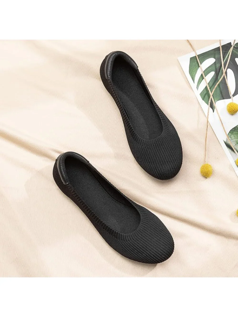 Women's All Black Round Toe Knit Low Wedge Slip On Ballerina Ballet Flat Shoes
